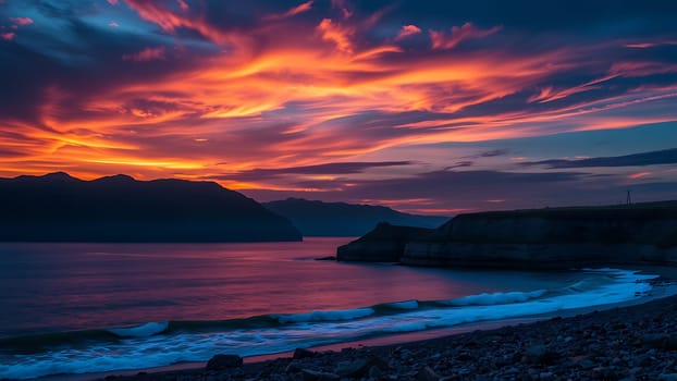 This breathtaking photograph captures a vibrant sunset over a dramatic coastal landscape. The sky is ablaze with fiery oranges, reds, and purples, creating a stunning display of color that reflects on the calm ocean waters. Dark, imposing cliffs provide a striking contrast to the bright sky, and gentle waves roll onto a rocky shoreline, adding texture and movement to the scene. The image is perfect for travel brochures, websites, calendars, or any project needing a stunning representation of coastal beauty and the power of nature. The rich colors and dramatic composition make it an ideal choice for conveying a sense of awe and wonder.