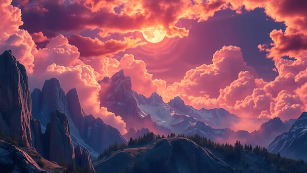 This stunning image captures a breathtaking panoramic view of snow-capped mountains bathed in the warm, golden light of a setting sun. A full moon hangs majestically in the sky, partially obscured by layers of vibrant pink and orange clouds that add a dramatic and surreal quality to the scene. The rugged peaks and valleys of the mountains are beautifully detailed, showcasing the raw beauty of nature. This image is perfect for a variety of uses, including calendars, posters, travel brochures, websites, and social media, conveying a sense of serenity, adventure, and wonder. The vibrant color palette and dramatic lighting make it particularly striking and visually captivating.