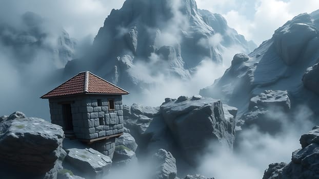 This breathtaking image showcases a charming stone house nestled high in the mountains, its red-tiled roof a striking contrast against the rugged grey rock. The house appears to be built directly onto the cliff face, creating a sense of isolation and adventure. Thick mist swirls around the peaks, enhancing the dramatic atmosphere and adding a mystical quality to the scene. The image is perfect for projects related to travel, adventure, isolation, fantasy, architecture, or nature. It evokes feelings of solitude, tranquility, and the beauty of untamed landscapes. High-resolution detail allows for large-format printing and versatile cropping options.