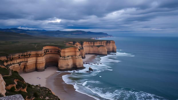 This breathtaking aerial shot captures the majestic Twelve Apostles along Australia's Great Ocean Road. The image showcases the dramatic, layered sandstone cliffs rising from a pristine sandy beach, meeting the powerful turquoise ocean waves. A moody, overcast sky adds depth and atmosphere to the scene, creating a visually stunning contrast between the earthy tones of the cliffs and the cool blue of the water. The photograph is perfect for travel brochures, websites, calendars, and any project needing to evoke a sense of awe and wonder at the beauty of the natural world. The scale of the cliffs and the expanse of the ocean create a powerful and memorable image. Several people are visible on the beach, adding a sense of scale to the dramatic landscape.
