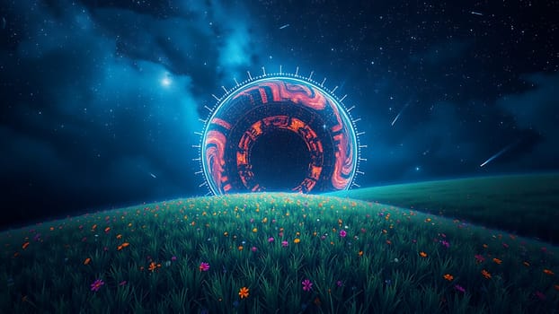 This captivating digital artwork presents a mesmerizing scene of a futuristic, glowing sphere hovering serenely over a picturesque field of wildflowers. The sphere, imbued with intricate, glowing patterns in shades of orange and red, contrasts beautifully with the deep blue of the night sky, which is adorned with countless stars and shooting stars. The vibrant wildflowers in the foreground add a touch of earthly beauty, creating a harmonious blend of science fiction and natural wonder. This image is ideal for concepts related to technology, nature, dreams, the cosmos, and the intersection of the natural and artificial worlds. Its evocative nature makes it perfect for album covers, website banners, science fiction projects, and more. The high resolution ensures exceptional clarity for various applications.