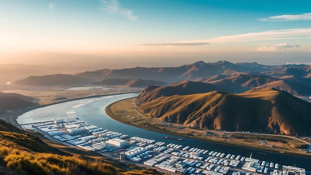 This breathtaking aerial shot captures a stunning sunset over a vast industrial complex nestled in a picturesque mountainous landscape. A wide, meandering river curves gracefully around the facility, creating a dramatic contrast between nature and industry. The image is ideal for illustrating concepts of sustainable development, industrial infrastructure, environmental impact, or the beauty of contrasting landscapes. The high resolution and vibrant colors make this a versatile image suitable for a wide variety of applications, including websites, magazines, brochures, and presentations related to business, environmental science, geography, and more. The image's tranquility and striking visual appeal will capture attention and enhance any project.