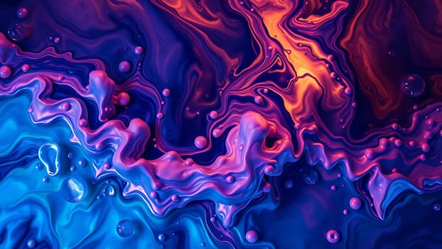 This captivating image showcases a mesmerizing blend of vibrant purple, blue, and orange paint, creating swirling patterns that evoke a sense of fluidity and movement. Glossy, spherical droplets are scattered throughout the composition, adding depth and texture to the already rich visual landscape. The interplay of light and shadow enhances the three-dimensionality of the paint, giving it an almost liquid, ethereal quality. This abstract artwork is perfect for use in designs requiring a striking visual element, adding a touch of modern art to websites, brochures, advertisements, and more. Its dynamic energy makes it ideal for projects focused on technology, innovation, creativity, or artistic expression.