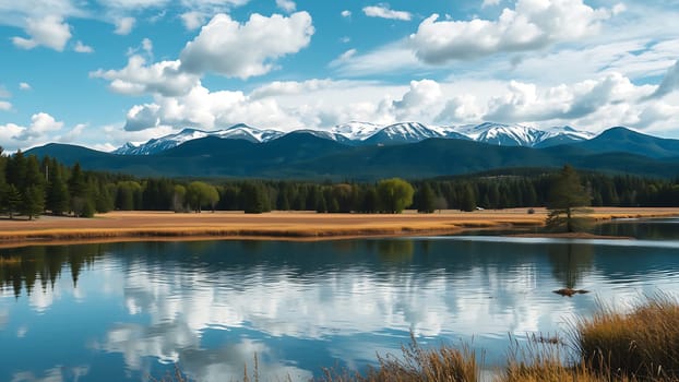 This breathtaking landscape photograph captures the serene beauty of a mountain lake mirroring a snow-capped mountain range. The calm water reflects the sky's vibrant blue and fluffy white clouds, creating a stunning natural mirror effect. A golden field of tall grass separates the lake from a lush forest of evergreen trees, leading the eye to the majestic snow-dusted peaks in the distance. This image evokes a sense of tranquility and peace, perfect for illustrating themes of nature, travel, adventure, serenity, and environmental conservation. The high-resolution image is ideal for calendars, travel brochures, websites, and other media showcasing stunning natural landscapes.