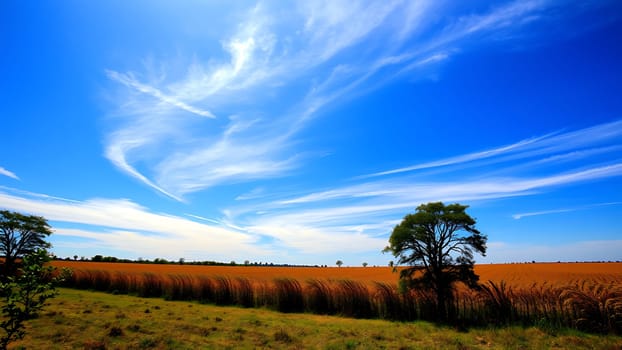 This breathtaking landscape photograph captures the beauty of a rural scene. A vast golden field stretches to the horizon, bathed in the warm glow of sunlight. The field is bordered by tall grasses, adding texture and depth to the image. Two solitary trees stand prominently in the foreground, providing a sense of scale and tranquility. Above, a vibrant blue sky is adorned with delicate, wispy cirrus clouds, adding movement and drama to the composition. The image evokes a feeling of peace and serenity, making it perfect for projects related to nature, agriculture, tranquility, or travel. The high resolution and rich colors make it ideal for large-format printing or digital use.