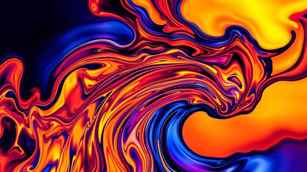 This image showcases a mesmerizing abstract artwork featuring a captivating blend of vibrant colors. Swirling patterns of deep blues, fiery oranges, rich reds, and intense purples create a dynamic and energetic visual experience. The fluid, almost liquid-like movement of the colors suggests a sense of motion and energy. Perfect for adding a bold and modern touch to designs related to technology, energy, music, or any project that requires a striking and abstract visual element. High resolution ensures crisp detail for a wide range of applications, from large format prints to digital displays.