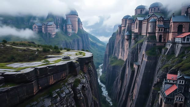 This breathtaking image showcases two majestic castles dramatically perched on towering cliffs overlooking a misty mountain valley. The castles, with their intricate architectural details and imposing presence, seem to blend seamlessly with the rugged landscape. A sense of mystery and wonder permeates the scene, enhanced by the ethereal mist clinging to the mountains. The image is perfect for fantasy-themed projects, travel brochures, architectural design inspiration, or any project that needs to convey a sense of grandeur, adventure, and otherworldly beauty. The high-resolution image offers exceptional detail, allowing for various cropping options and large-scale printing.