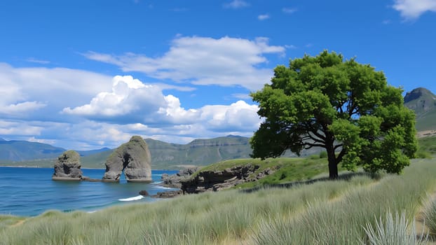 This breathtaking photograph captures the essence of a serene coastal landscape. Two majestic rock formations, reminiscent of ancient sentinels, stand proudly in the clear blue sea. A vibrant green tree provides a striking contrast against the rocky terrain and the tranquil water, creating a captivating visual balance. The backdrop features rolling green hills under a vivid blue sky dotted with fluffy white clouds, adding depth and dimension to the scene. The image is ideal for travel brochures, nature documentaries, environmental campaigns, or any project requiring a sense of peace, beauty, and natural wonder. The high resolution and vibrant colors ensure exceptional print quality for various applications.