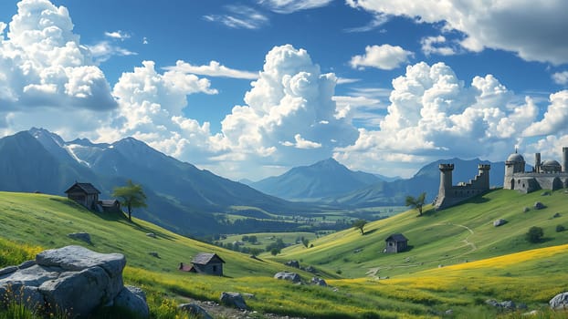 This breathtaking panoramic image showcases a picturesque valley nestled amidst majestic mountains. Rolling green hills dotted with charming rustic cabins lead the eye towards a magnificent stone castle perched atop a hill. The scene is bathed in sunlight, with fluffy cumulus clouds adding depth and drama to the vibrant blue sky. Yellow wildflowers bloom in the foreground, enhancing the idyllic and peaceful atmosphere. This image is perfect for illustrating travel brochures, fantasy novels, real estate advertisements, or any project requiring a stunning landscape shot that evokes a sense of tranquility and wonder. The high resolution and vibrant colors make it ideal for large format prints and digital displays.
