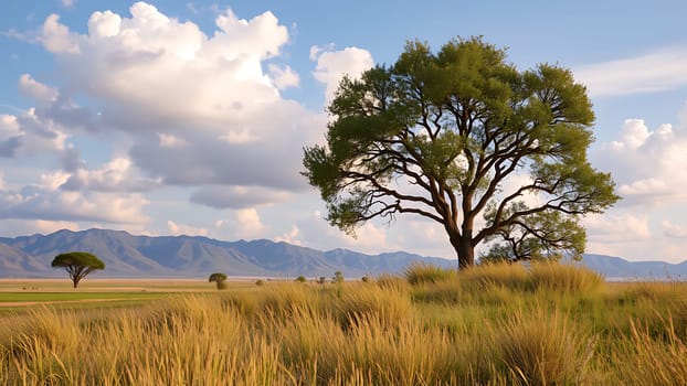 This breathtaking photograph captures the essence of the African savanna. A large, solitary acacia tree stands proudly in the foreground, its branches reaching towards a partly cloudy sky. The golden-hued grasses gently sway in the breeze, adding texture and warmth to the scene. In the background, a dramatic mountain range stretches across the horizon, creating a stunning sense of depth and scale. The image is bathed in the soft light of either sunrise or sunset, casting a peaceful and tranquil atmosphere. This versatile image is perfect for projects related to nature, travel, conservation, and African wildlife. Its serene beauty makes it suitable for calendars, websites, brochures, and more.