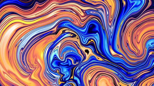 This captivating image showcases a mesmerizing abstract background featuring a dynamic interplay of swirling liquid paint. The vibrant colors, predominantly rich blues and warm oranges, create a striking marble-like effect with fluid, organic shapes. The texture is smooth and glossy, enhancing the sense of movement and depth. This versatile image is perfect for adding a touch of modern elegance and artistic flair to various design applications, including website banners, social media graphics, brochures, and printed materials. Its bold color scheme and eye-catching pattern make it an ideal choice for projects seeking to convey energy, creativity, or luxury. The high-resolution detail ensures it can be used for large-format printing without losing quality.