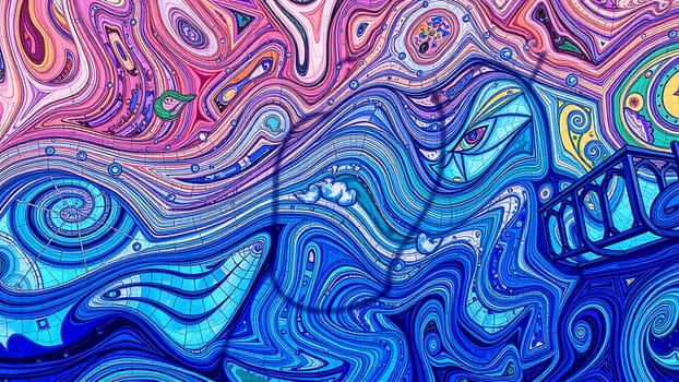 This captivating image showcases a vibrant abstract pattern dominated by swirling blues and pinks. The intricate design features a multitude of shapes, textures, and details, creating a mesmerizing visual effect. The inclusion of a shadowy balcony adds a touch of mystery and intrigue. This high-resolution image is perfect for a wide array of applications, including website backgrounds, artistic prints, textile designs, and album art, offering a unique and visually stunning element to any project requiring a bold and creative aesthetic. The richly textured and colorful artwork provides a dynamic and engaging visual experience.