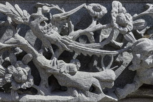 Samut Prakan, Thailand - Jan 11, 2025 - Surface texture of Stucco art in Taiwan temple. The relief on Elaborate sculptured of Stone carvings is a beautiful Taiwanese art style, use it as your Wallpaper, Poster and Space for text, Selective focus.