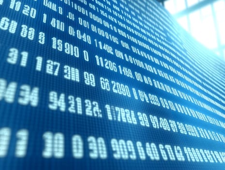 Abstract image of a digital data stream with white numbers on a blue background. It represents technology, coding, cybersecurity, big data, artificial intelligence, and digital communication.