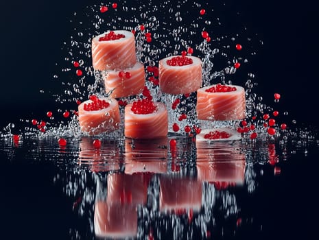Elegant salmon sushi rolls topped with red caviar, surrounded by dynamic water splashes. The dark reflective background enhances the freshness, texture, and vibrancy of this gourmet Japanese dish.