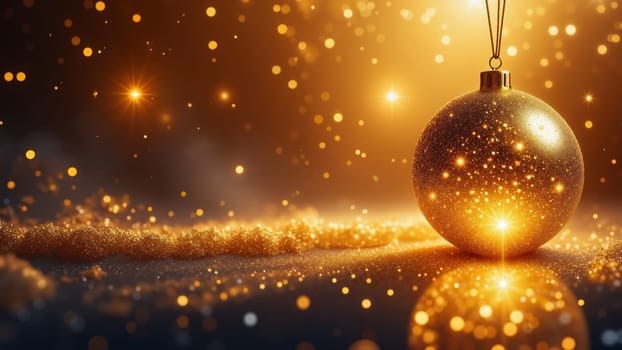 A gold colored Christmas ornament sits on a table with a lot of glitter. The ornament is surrounded by a lot of sparkly lights, creating a festive and celebratory atmosphere