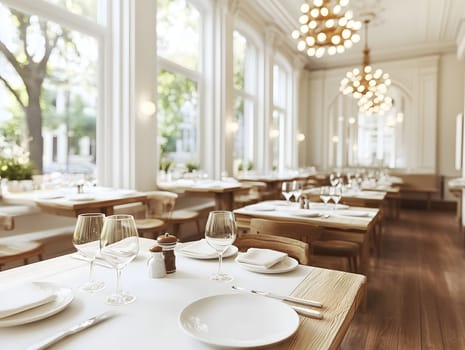 A beautifully designed restaurant with large windows, chandeliers, and neatly set tables. The elegant ambiance, warm lighting, and classic decor create a luxurious and inviting dining atmosphere.