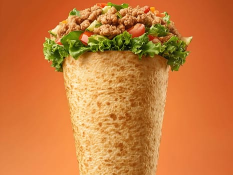 A unique taco cone filled with crispy ground meat, lettuce, and diced vegetables against an orange background. The innovative presentation highlights fast food, Tex-Mex cuisine, and street food trends.