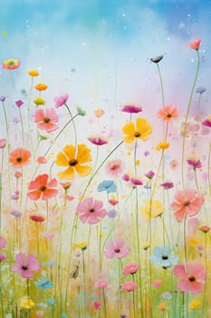 A vibrant display of wildflowers fills a meadow with various colors against a bright blue sky, creating a peaceful and cheerful atmosphere - Generative AI