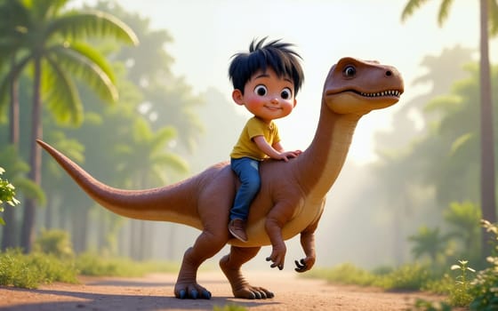 A cheerful animated asian child in a yellow shirt rides a friendly velociraptor dinosaur while surrounded by tall palm trees in a serene forest. Sunlight filters through the leaves - Generative AI