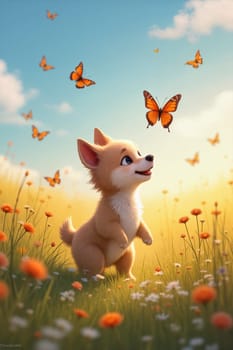 A cheerful corgi puppy frolics in a vibrant meadow filled with flowers, captivated by butterflies dancing in the warm sunlight - Generative AI
