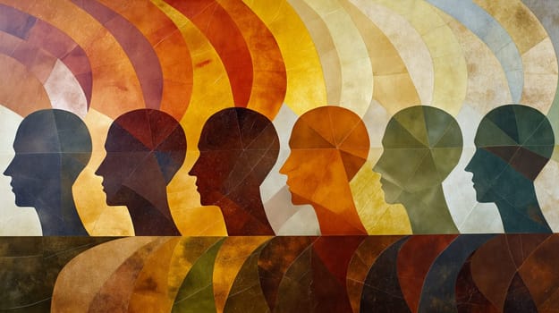 A series of human silhouettes in profile illustrate the essence of diversity and transformation, showcasing a spectrum of colors in a flowing gradient design - Generative AI
