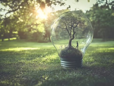 A creative concept of a large transparent light bulb containing a tree and a tiny human figure inside, set in nature. This symbolic image represents sustainability, ecology, renewable energy, and conservation.