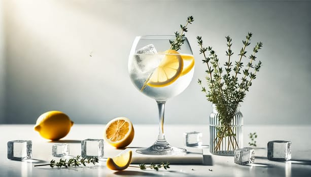 A contemporary gin cocktail in a crystal glass, garnished with lemon slices and thyme sprigs, set on a sleek white marble surface with a light and airy background.