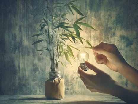 A pair of hands holds a glowing light bulb near a potted plant, symbolizing sustainability, renewable energy, and the connection between technology and nature. The artistic lighting enhances the eco-friendly concept.