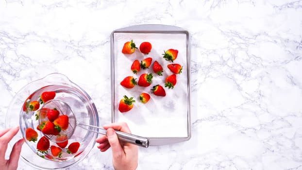 Flat lay. Juicy red strawberries, freshly washed, are spread out to dry on a baking sheet, carefully lined with paper towels to absorb excess moisture and prevent mold.