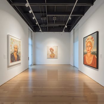 A minimalist art gallery displaying paintings on white walls. AI generated