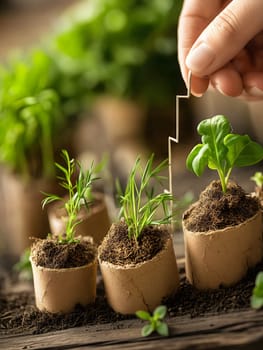 A hand places a zigzag growth chart over small seedlings in biodegradable pots, symbolizing business growth, sustainability, eco-friendly investment, and the connection between nature and financial success.