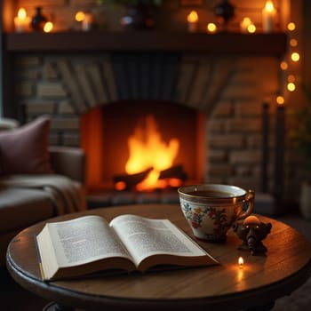 A cozy interior with a fireplace, a book, and a cup of coffee. AI generation