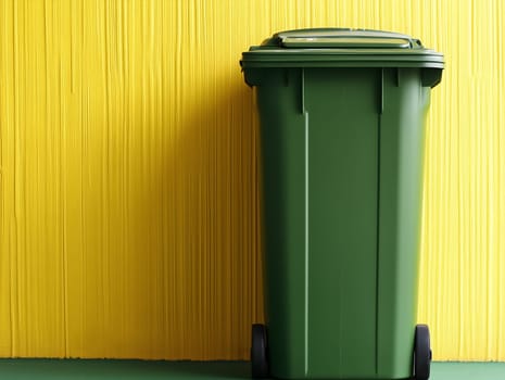 A large green recycling bin stands against a vibrant yellow wall, symbolizing waste management, environmental responsibility, and sustainability. The contrast highlights the importance of eco-friendly practices.