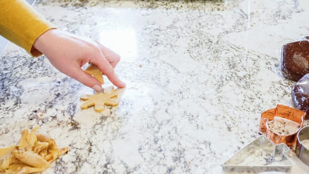 Using various festive cookie cutters, we're cutting out charming gingerbread cookies from the rolled dough on the sleek marble counter, bringing holiday cheer to the modern kitchen.