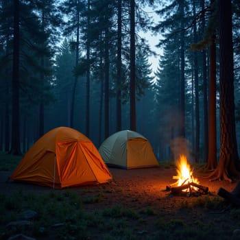 Two tents and campfire in misty forest. AI generation