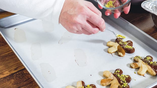 Crafting star-shaped holiday cookies dipped in chocolate and sprinkled with variety of toppings.