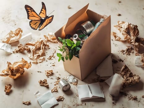A cardboard box filled with recyclable waste, including cans, glass, and plants, sits among scattered trash. A butterfly nearby symbolizes transformation, sustainability, and environmental responsibility.