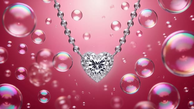 A necklace with a heart pendant is shown in a pink background. The necklace is made of diamonds and is suspended in a sea of bubbles. The bubbles create a sense of lightness and playfulness