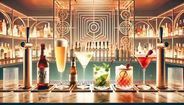 Five diverse drinks are perfectly aligned on a sleek marble bar counter, each uniquely vibrant and presented without any hand in sight. The backdrop features a stylish geometric pattern, adding to the modern and sophisticated ambiance of the bar.