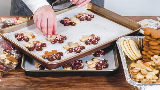 Carefully packaging Christmas cutout cookies, half-dipped in chocolate and presented in clear cellophane wrapping, perfect for festive gifting.