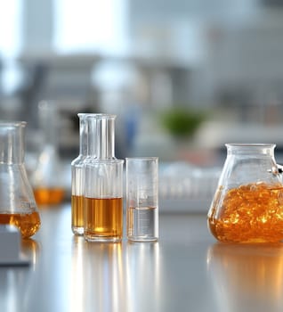 Laboratory glassware with orange solutions in scientific setting.