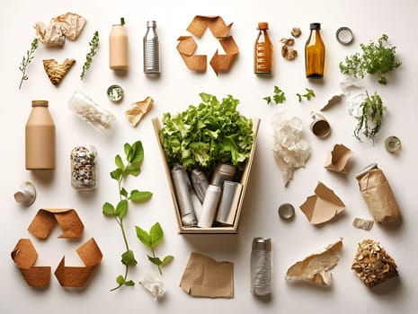 A flat lay composition of recyclable materials, including paper, glass, metal, and organic waste, arranged neatly. The image represents sustainability, zero waste, eco-friendly living, and environmental awareness.