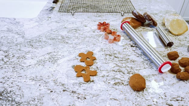 Using various festive cookie cutters, we're cutting out charming gingerbread cookies from the rolled dough on the sleek marble counter, bringing holiday cheer to the modern kitchen.