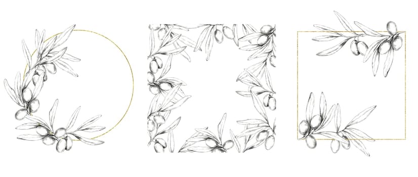 A set of pencil-drawn olive branch frames with circular and square compositions, featuring gold accents. Versatile for Mediterranean food, oils, skincare products and customized merchandise designs
