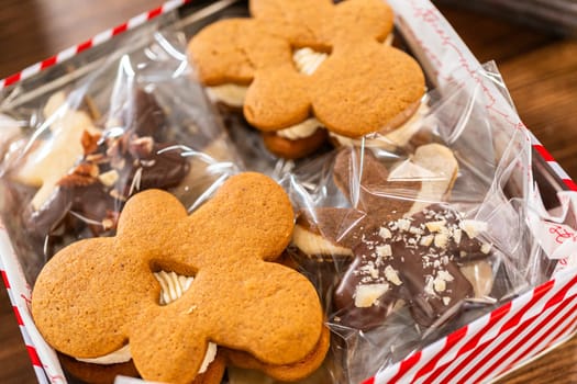 Lovingly homemade gingerbread and sugar cookies, half-dipped in rich chocolate, nestled in decorative Christmas tin boxes perfect for seasonal gifting.