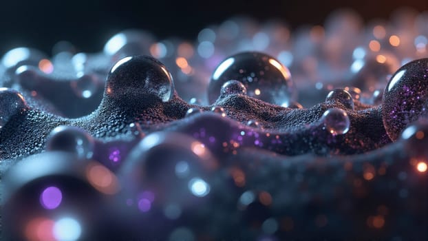 A close up of a surface with many small, colorful spheres. The image has a dreamy, ethereal quality to it, as if the spheres are floating in mid-air. The colors are vibrant