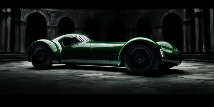 Classic british roadster with a long hood and a short trunk sits parked on a cobblestone surface inside a courtyard with columns