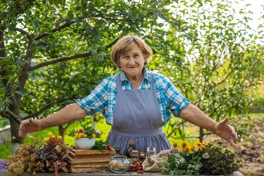 Medicinal herbs alternative medicine old woman. Selective focus. Nature.