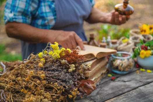 Medicinal herbs alternative medicine old woman. Selective focus. Nature.